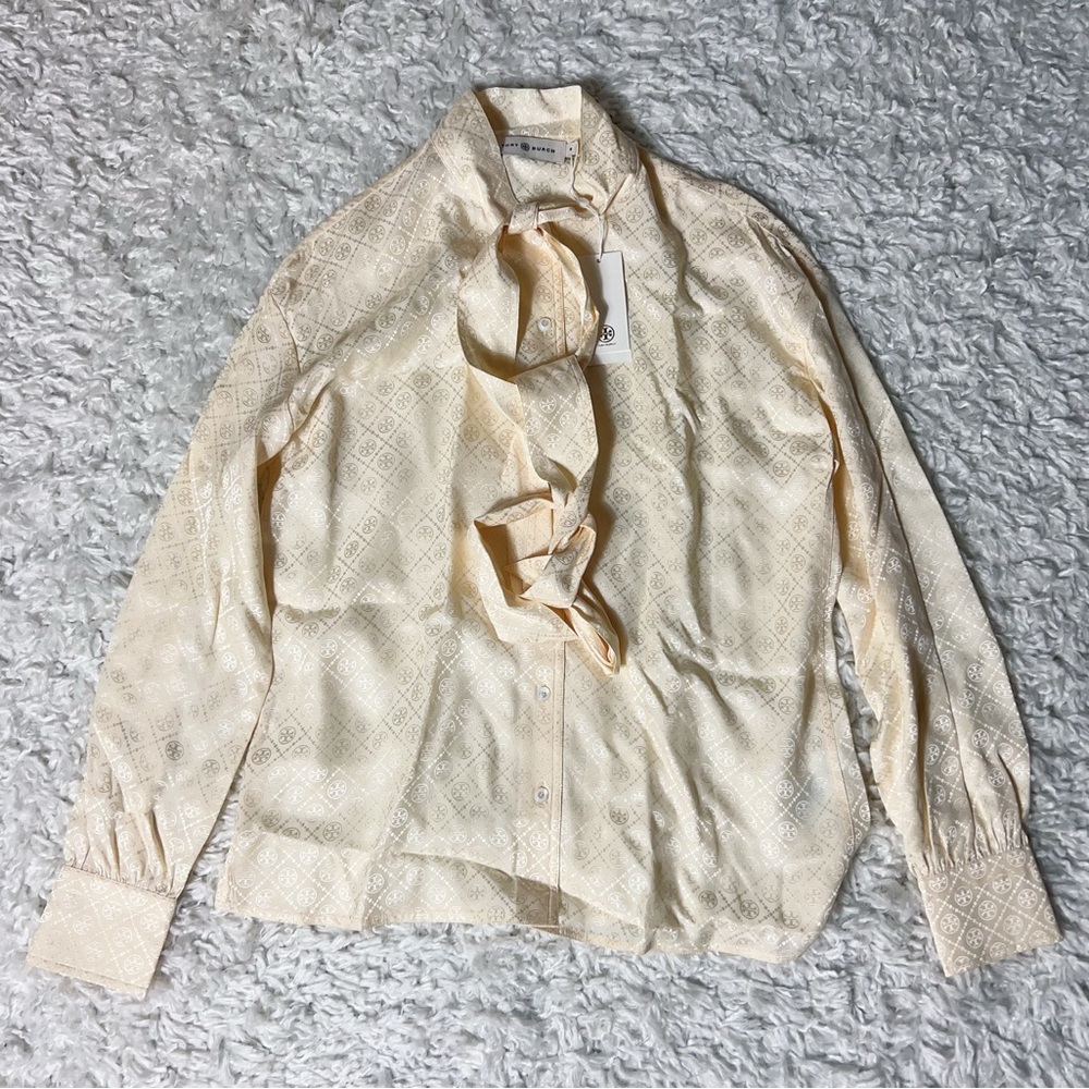 NWT $478 Tory Burch Satin Jacquard Bow Silk Blouse Top - Picture 6 of 6